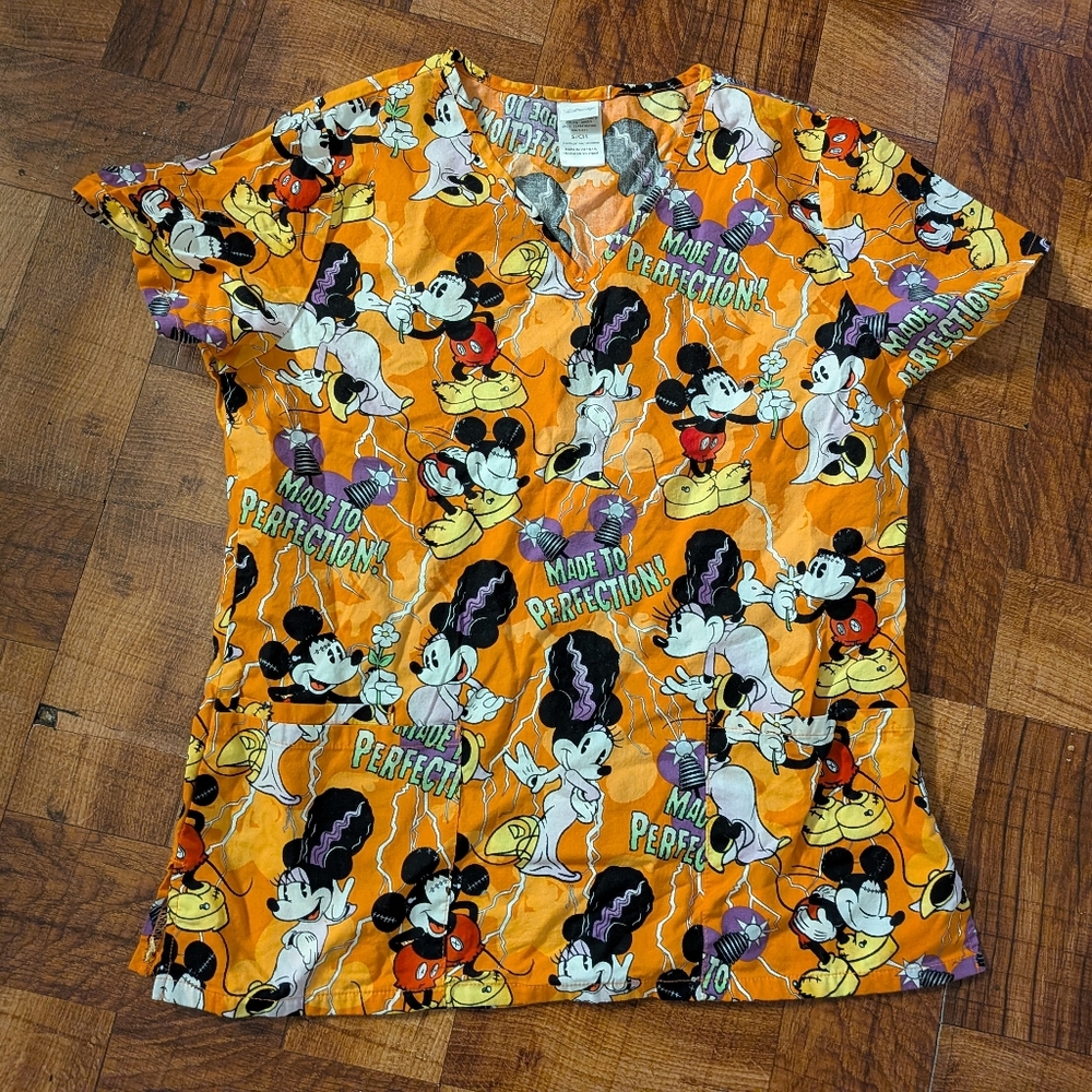 Disney Mickey Minnie Halloween Fall Size Small Women's V-neck Medical Scrub Top